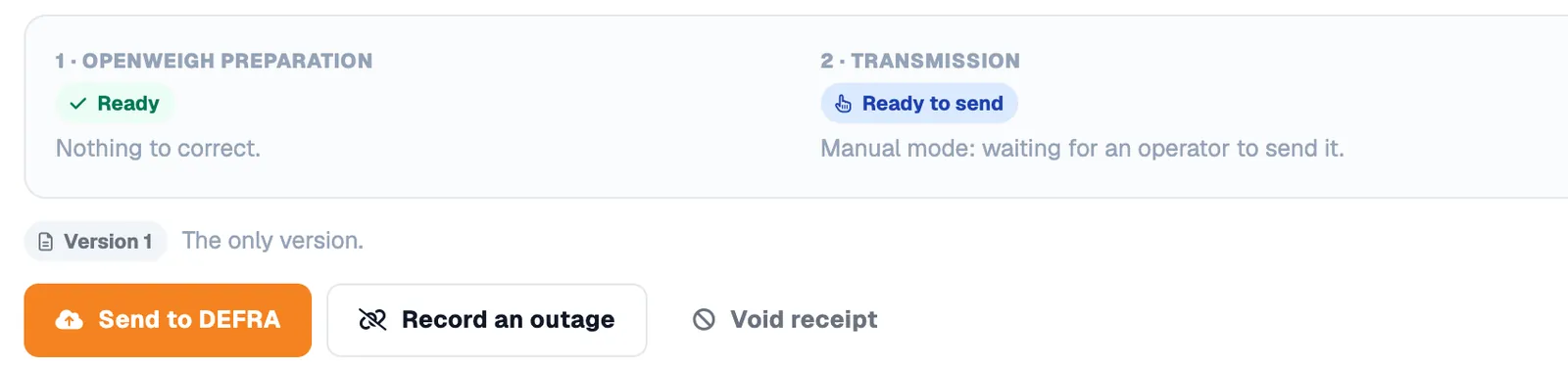 Receipt stages for ticket 36: OpenWeigh preparation Ready, transmission Ready to send, DEFRA response No response yet, with a Send to DEFRA button.