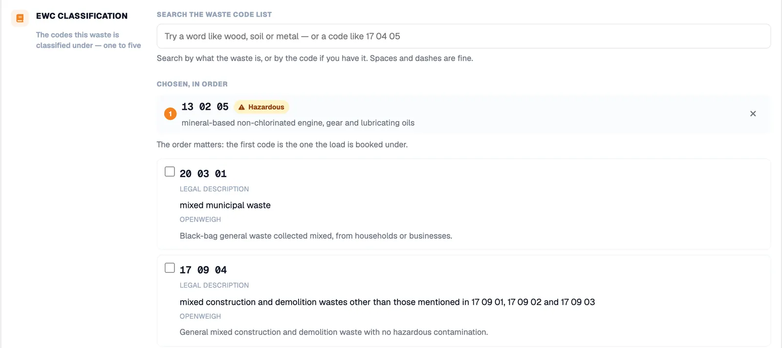 Editing a waste type’s EWC classification: a search box for the waste code list, the chosen code 13 02 05 marked hazardous with its legal description, and further codes such as 20 03 01 mixed municipal waste with OpenWeigh’s plain-English note.